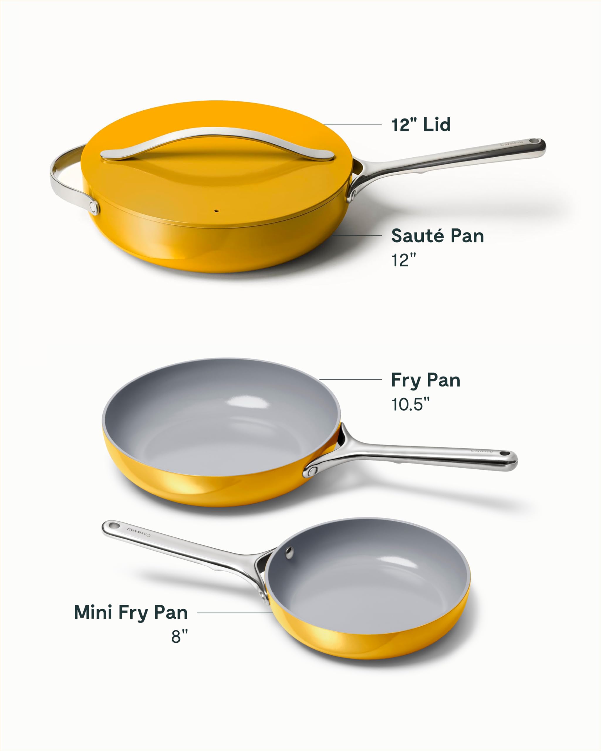 Caraway Fry Pan Trio - Non-Stick Frying Pans (10.5” & 8”) & Non-Stick Saute Pan - Non Toxic, PTFE & PFOA Free - Oven Safe & Compatible with All Stovetops (Gas, Electric & Induction) - Marigold