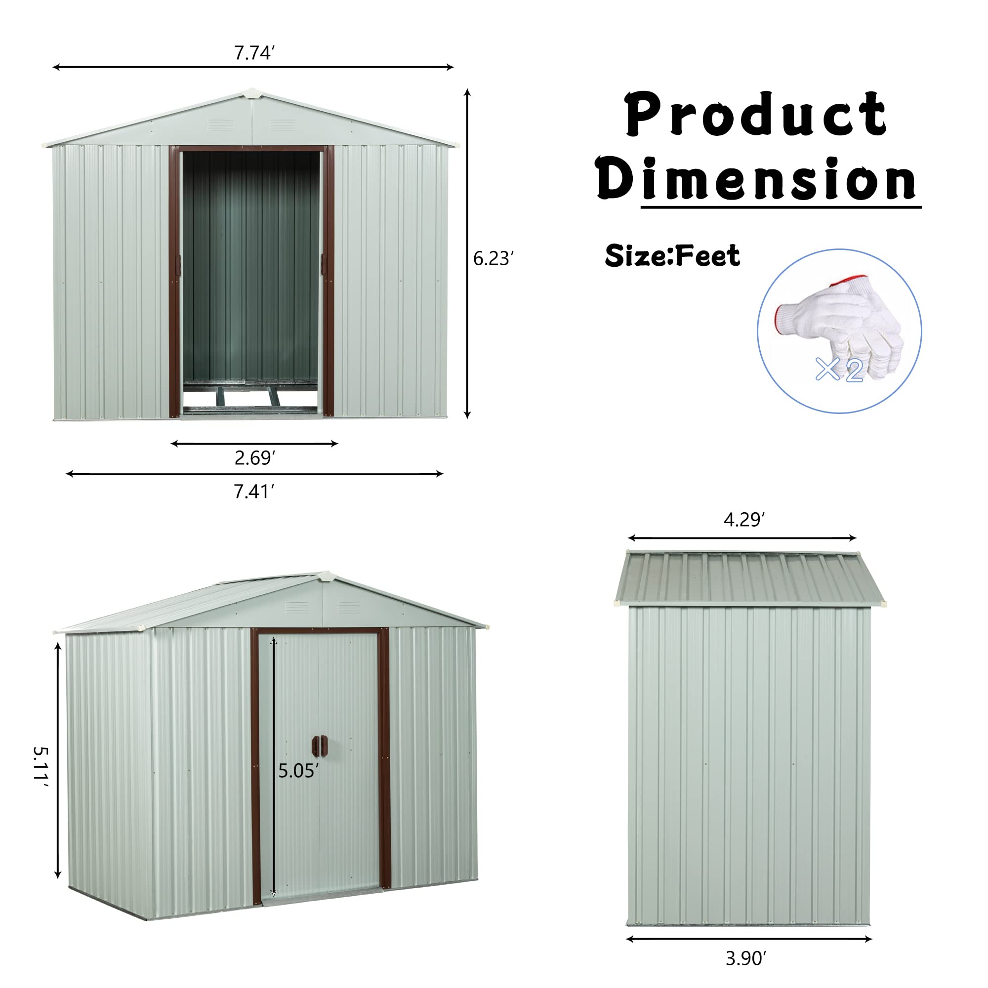 8 x 4 FT Outdoor Storage Shed, Metal Garden Shed with Floor Frame, Tool Shed Outdoor Storage with Lockable Sliding Doors & Air Vents, Storage House Waterproof for Backyard, Lawn, White