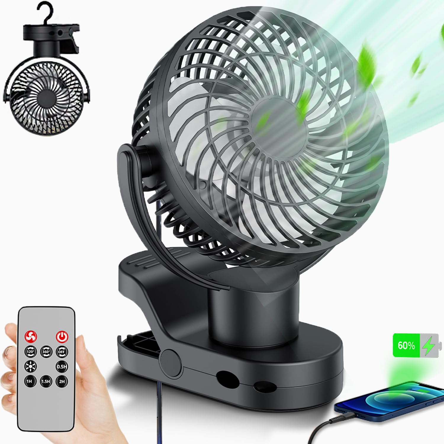 Leeyalan 10000mAh Clip on Fan Rechargeable,2024 Updated,Hangable Fan with Lights and Remote, Desk Fan USB Plug in with Sturdy Clamp,3 Speeds,Mute Multi-function,Operation for Office Dorm Bedroom