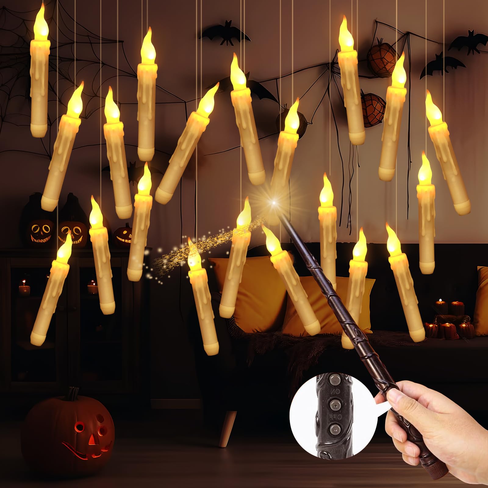 20 Pack Christmas Floating Candles with Wand Timer Remote Control,Floating Candles for centerpieces,LED Flickering Light Flameless Candles Hanging For Harry Potter Party Witch Decor Christmas Gifts