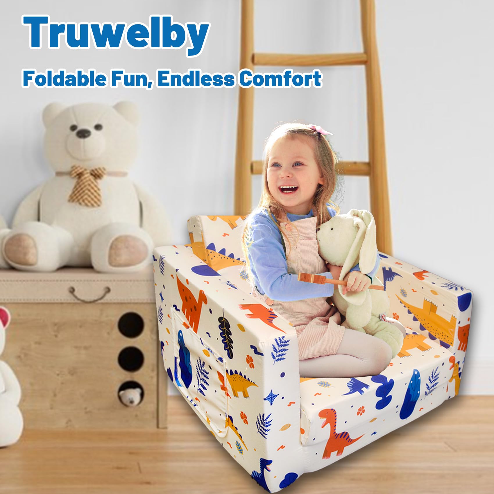 Truwelby Kids Sofa Toddler Couch, Children's 2 in 1 Convertible Sofa to Lounger, Extra Soft Flip Open Chair Sofa Bed, Cute Dinosaur Print Toddler Chair for Kids Girls Boys (Grass Dinosaur, Medium)