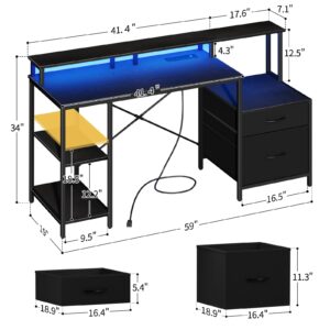 Yoobure Computer Desk, Gaming Desk with LED Lights & Outlets, 59" Office Desk with Drawers Long Home Office Desks with Fabric File Cabinets, Work Desk with Storage Shelves & Monitor Stand for Bedroom