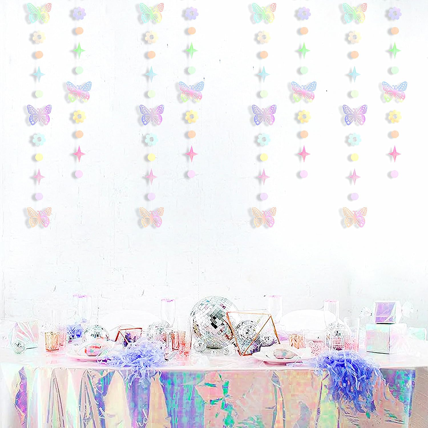 Iridescent Butterfly Girl-Birthday Party-Decorations Garland-Streamers - 52Ft Baby Shower Bachelorette Holographic Hanging Banner Decor,Engagement Garden Classroom Pastel Glitter Backdrop Huglony