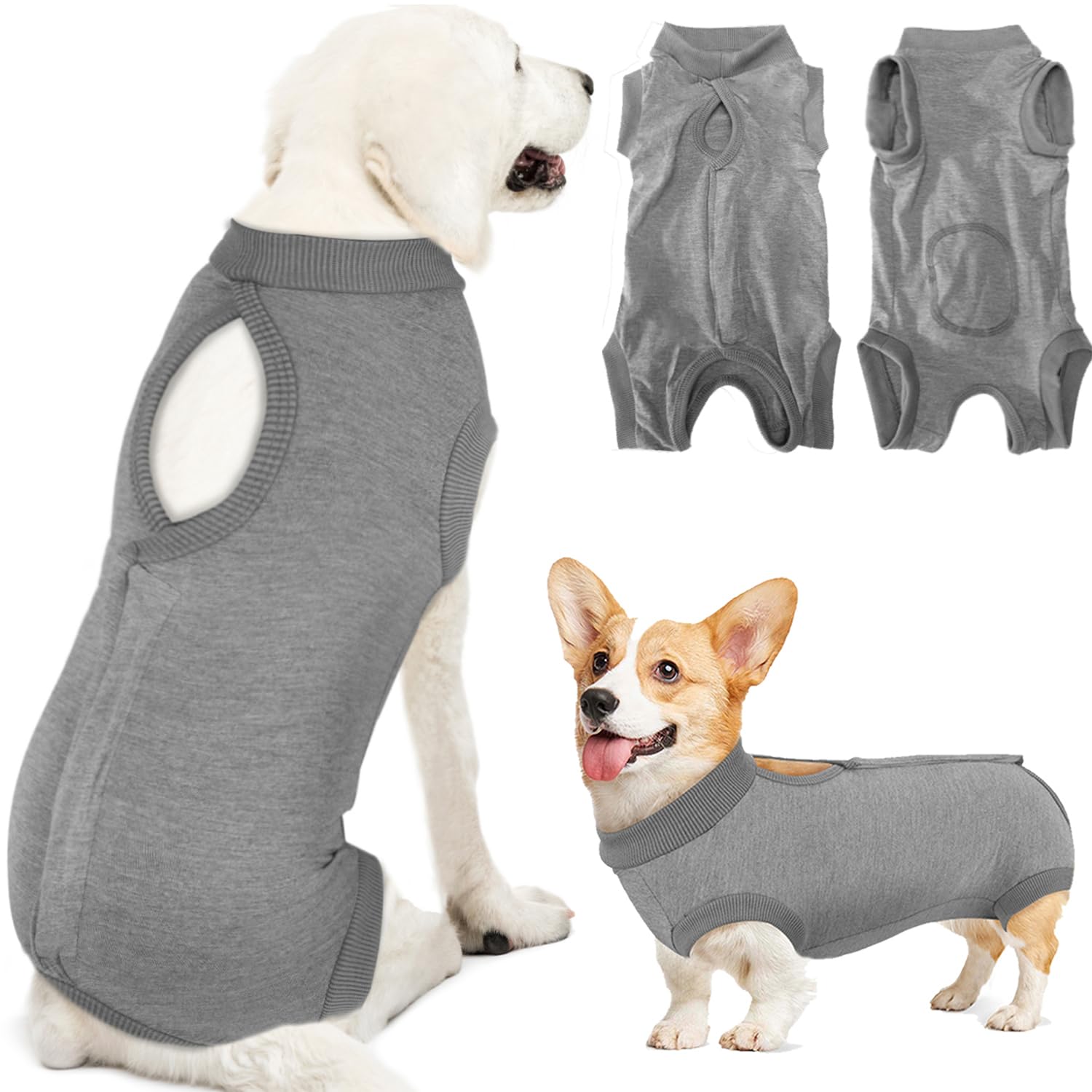 Lukovee Recovery Suit for Dogs, Onesie Surgery Recovery Suit for Female Male Dogs, Abdominal Wounds Cone E-Collar Alternative Prevent Licking Spay Recovery Suit (Grey,Medium)