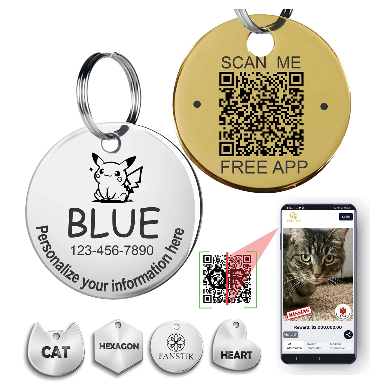 Personalized QR Code Pet Id Tag (Made in USA) - Personalize on Both Tag & Web Free Online APP Scan QR Receive Instant Location Alert Email - Customized Dog Cat Tags, Stainless Steel FANSTIK (QR-Icon)