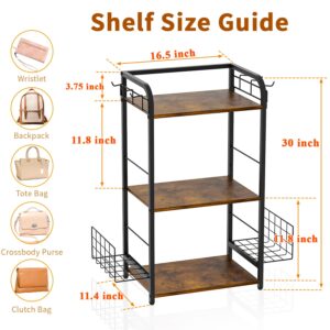 Purse Organizer with Side Hooks and Baskets for Purse Storage, Floor-Standing 3-Tier Purse Rack with Adjustable Feet, High-Capacity Bag Organizer for Closet, Iron and Wood Purse Holder, Patent Pending