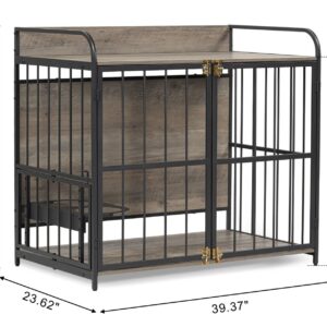 Merax 39” Heavy Duty Large Dog Crate Indoor Furniture, Wooden Metal Kennel Pet Cage with Double Doors & Adjustable Feeder Stand & Side End Table Storage, Grey