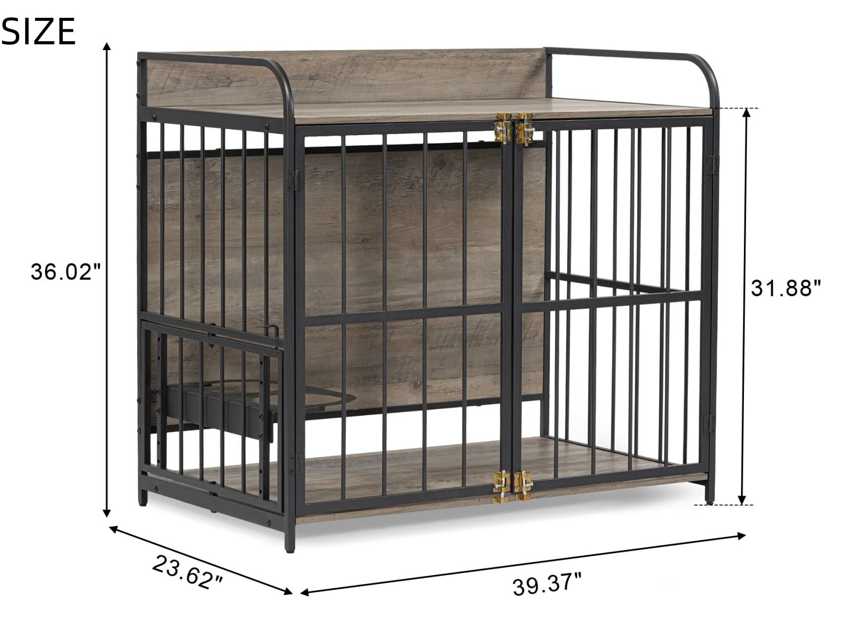 Merax 39” Heavy Duty Large Dog Crate Indoor Furniture, Wooden Metal Kennel Pet Cage with Double Doors & Adjustable Feeder Stand & Side End Table Storage, Grey