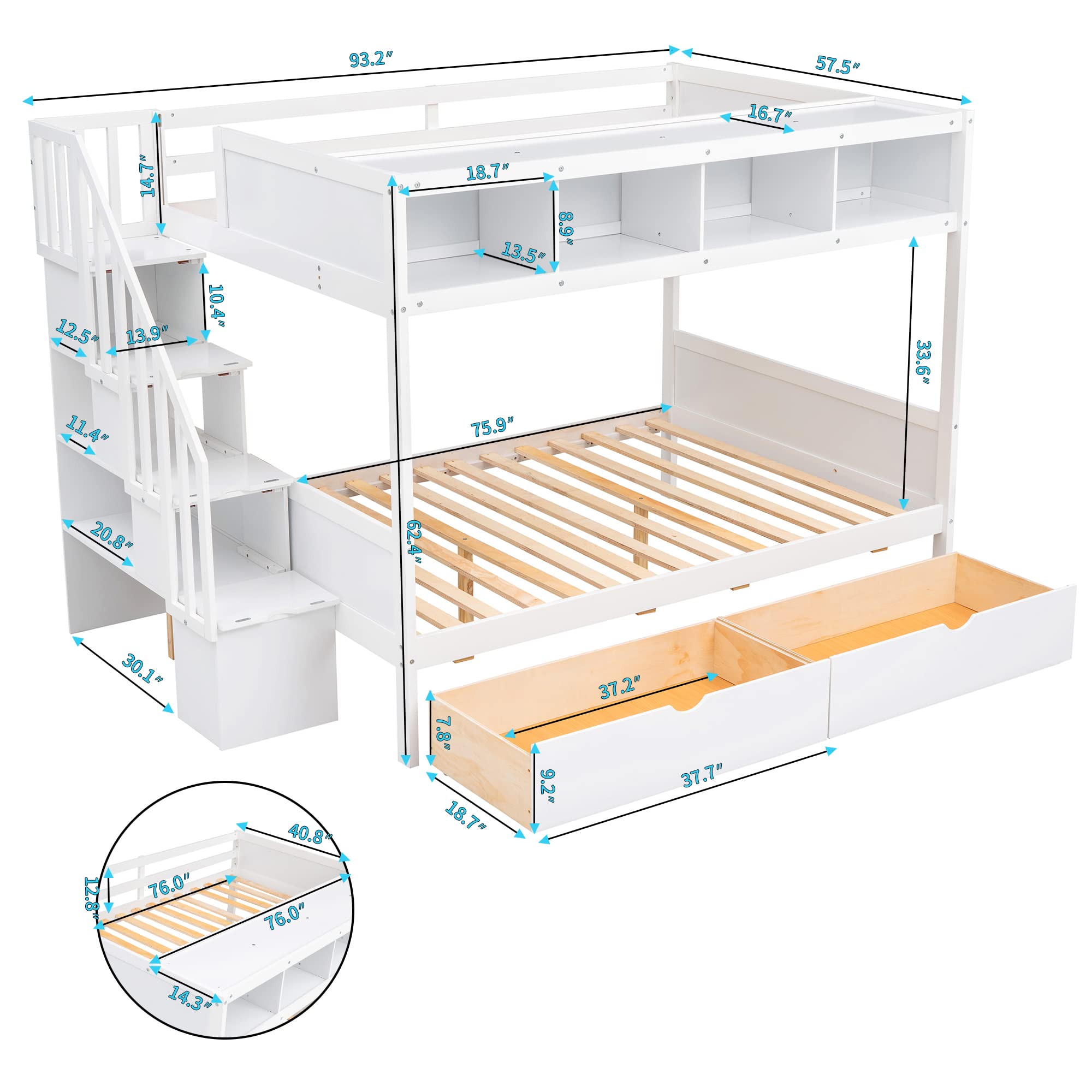 Harper & Bright Designs Twin Over Full Bunk Bed with Storage Staircase and 2 Drawers,Wood Bunk Bed Frame with 4 Storage Shelves for Kids Boys Girls Teens, No Box Spring Need,White