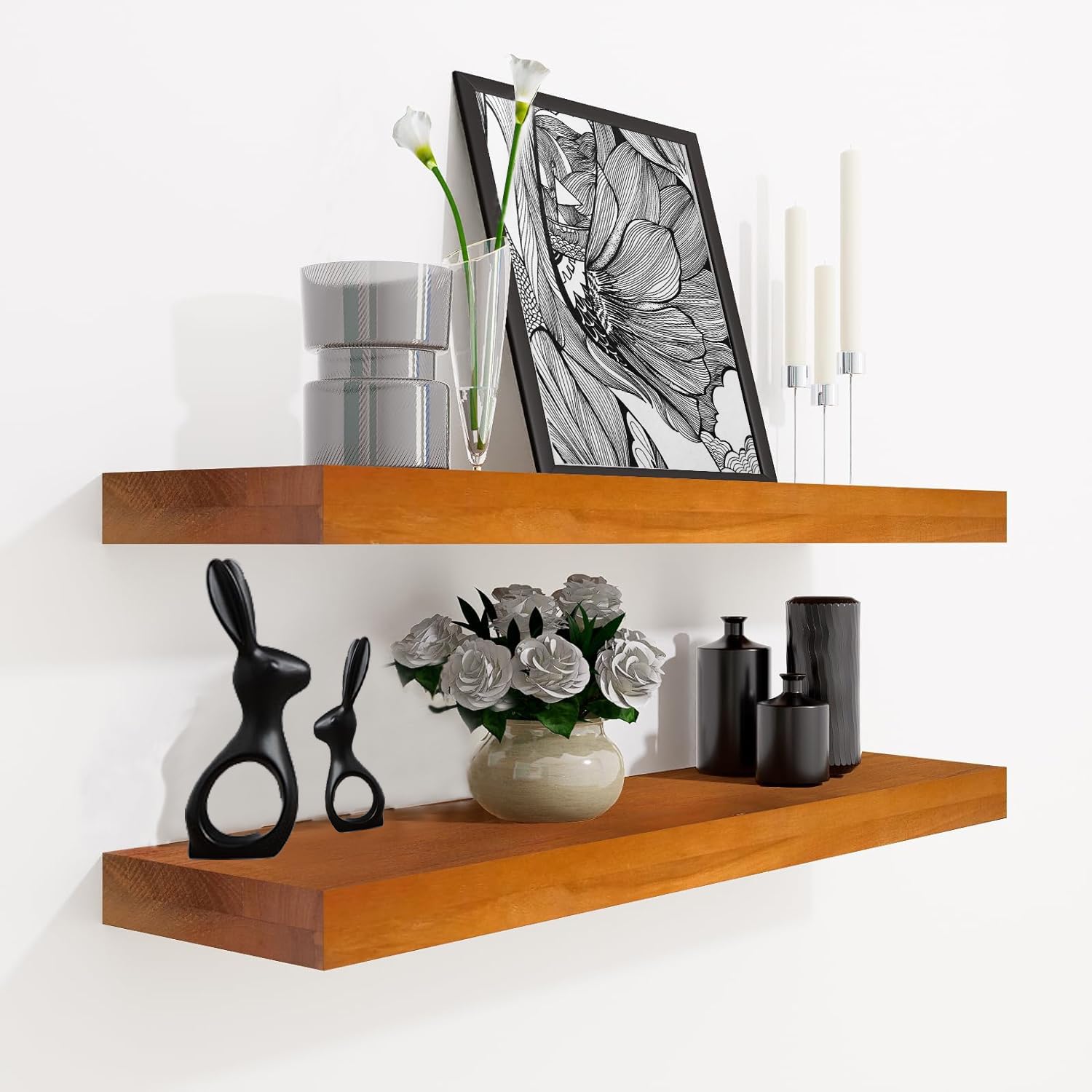 XuXuanHome.Z Natural Wood Floating Shelves 24 inch，Wooden Shelves for Wall，Walnut Floating Shelves for Wall、Solid Wood Floating Shelves，Wooden Floating Shelves for Wall，24 x 6.7X 1.2 inch, Set of 2