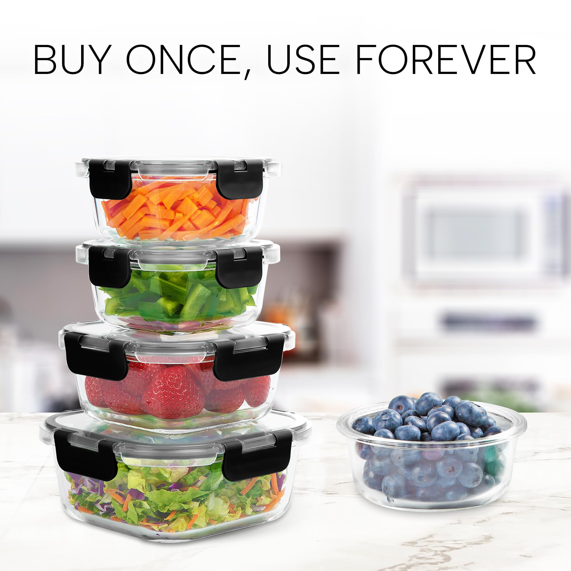 Zulay Kitchen 12 Pack Glass Meal Prep Containers with Lids - Airtight, Premium Borosilicate Glass Food Storage Containers - Microwave, Freezer & Oven Safe, BPA Free - Black