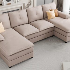 JAMFLY Sectional Couches for Living Room, U-Shaped Couch 4 Seat Sofas with Double Chaises, Modular Sectional Sofa Set for Apartment Furniture for Apartment, Dark Beige