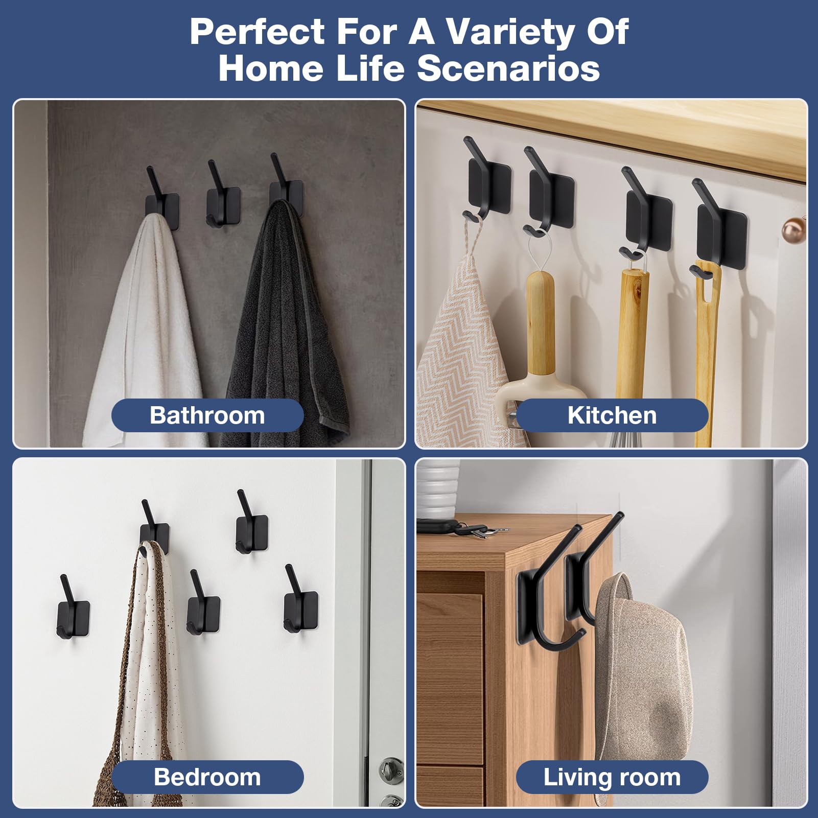 Matte Black Towel Hooks - Strong Self Adhesive Coat/Clothes Hooks,No Drilling Sticky Hooks,Heavy Duty Shower Wall Hooks for Bathroom Kitchen Bedroom,Easy Installation Hanger Hooks For Rube(4 Pack)