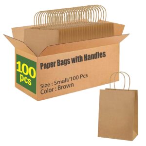 100 pcs brown paper bags with handles,5x8x3 inch,size small,paper gift bags,kraft paper bags bulk for grocery/business owners/shopping/party/goody/retail/takeouts/birthday/christmas(brown,s,100p)