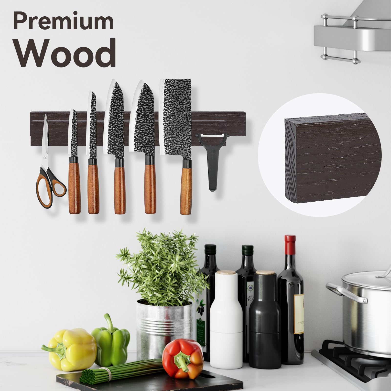 Ninonly 16 Inch Magnetic Knife Holder for Wall, Powerful Acacia Wood Knife Magnetic Strip No Drilling Magnetic Knife Rack Strong Knife Magnet Bar for Kitchen Knives Tools