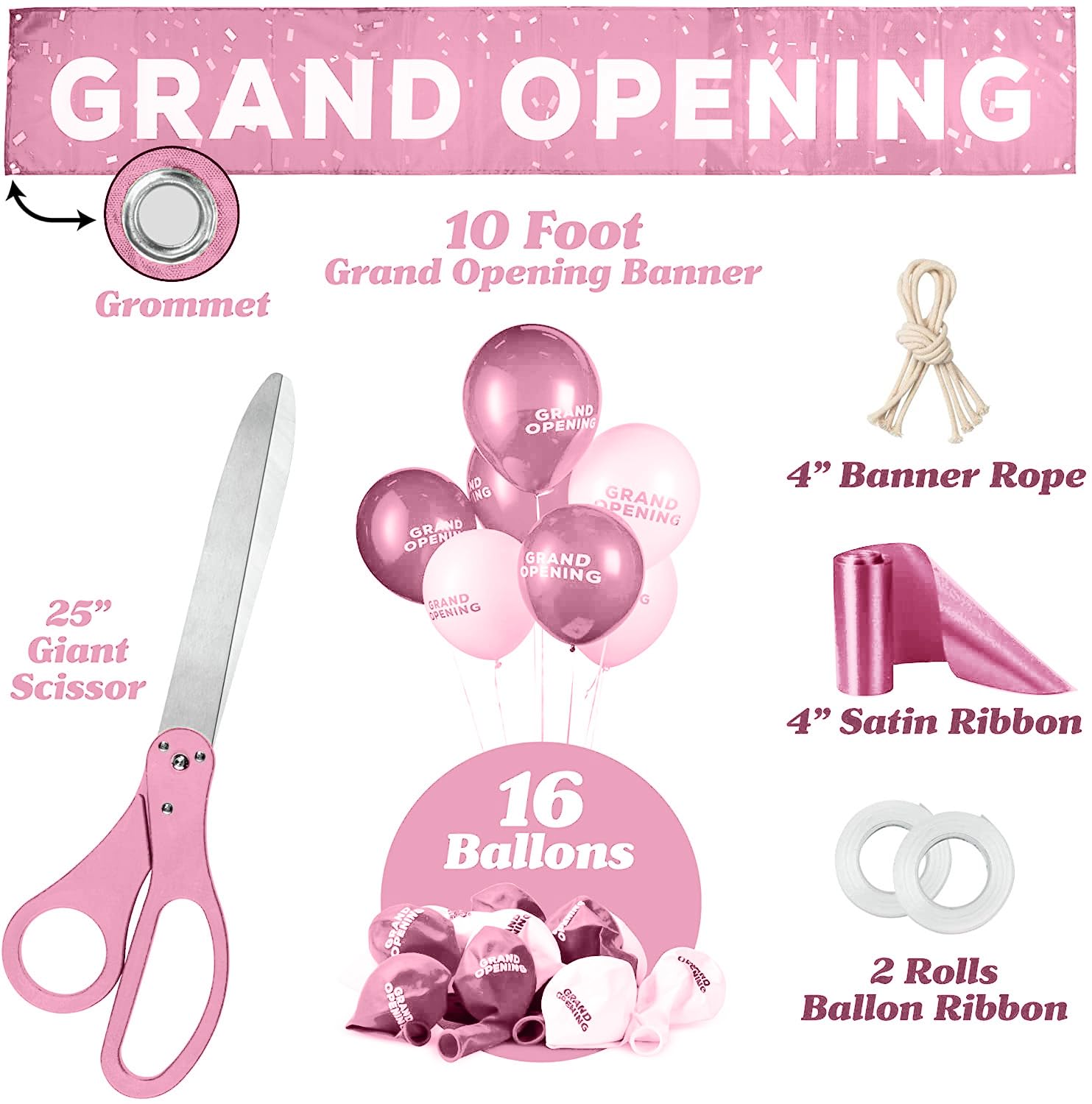 Deluxe Grand Opening Ribbon Cutting Ceremony Kit - 25" Giant Scissors with Pink Satin Ribbon, Banner, Bows, Balloons & More