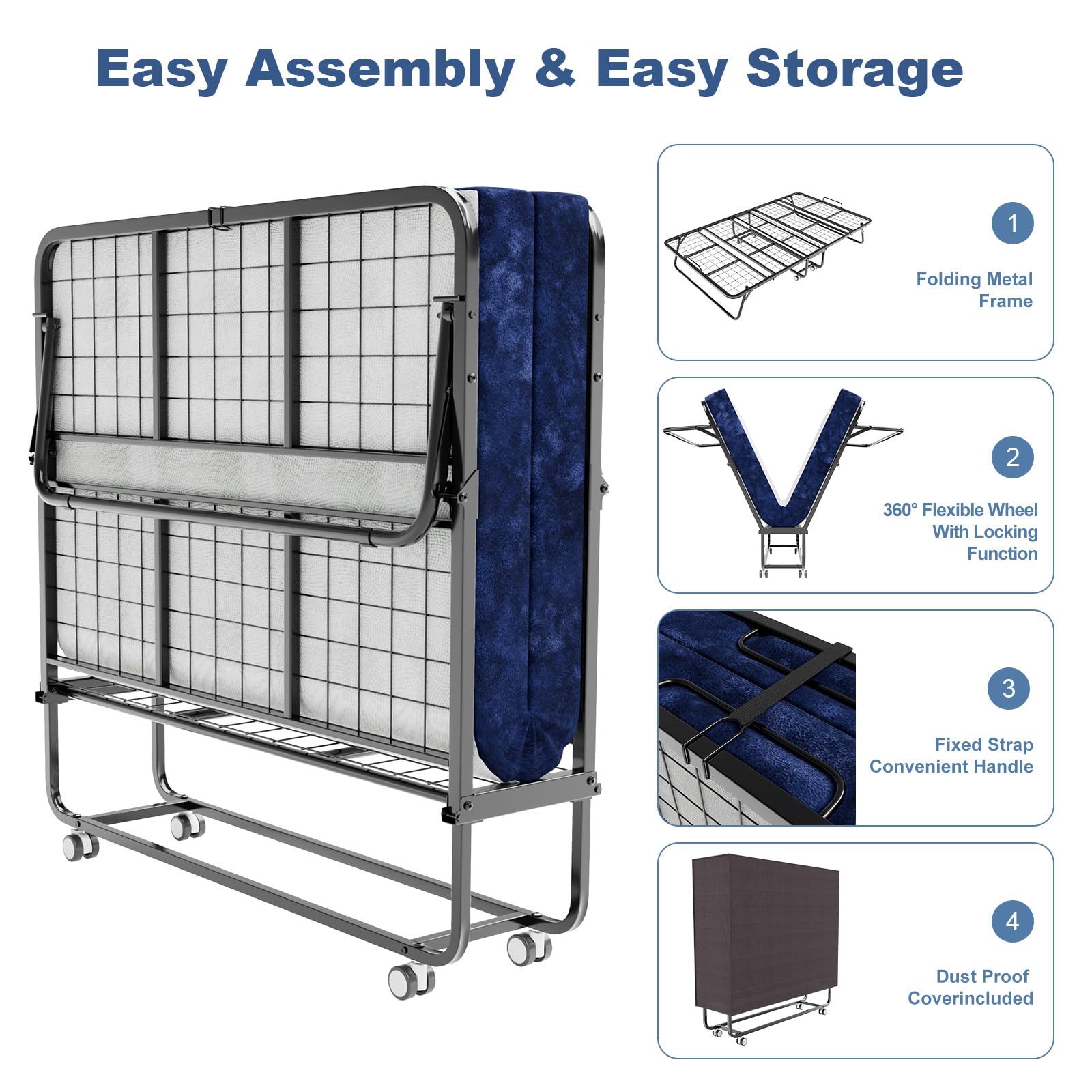 Uoobmope Folding Bed for Adults/Guests,75 x 38 Rollaway Bed with 4" Memory Foam Mattress,Space Saving Portable Bed with Lockable Wheels & Sturdy Metal Frame,Office Folding Bed,Easy Moving-4" Standard