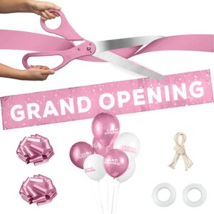 Deluxe Grand Opening Ribbon Cutting Ceremony Kit - 25" Giant Scissors with Pink Satin Ribbon, Banner, Bows, Balloons & More