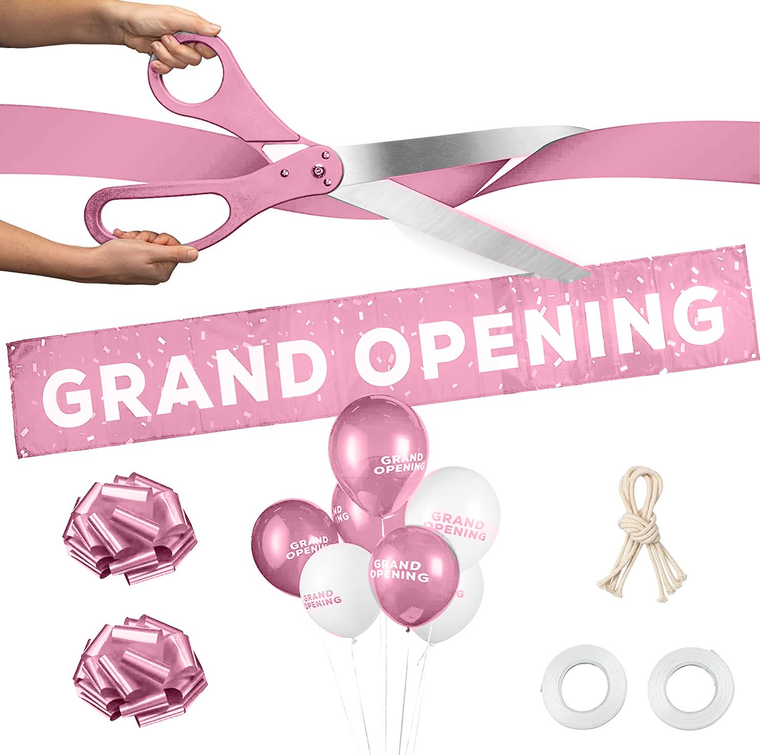 Deluxe Grand Opening Ribbon Cutting Ceremony Kit - 25" Giant Scissors with Pink Satin Ribbon, Banner, Bows, Balloons & More