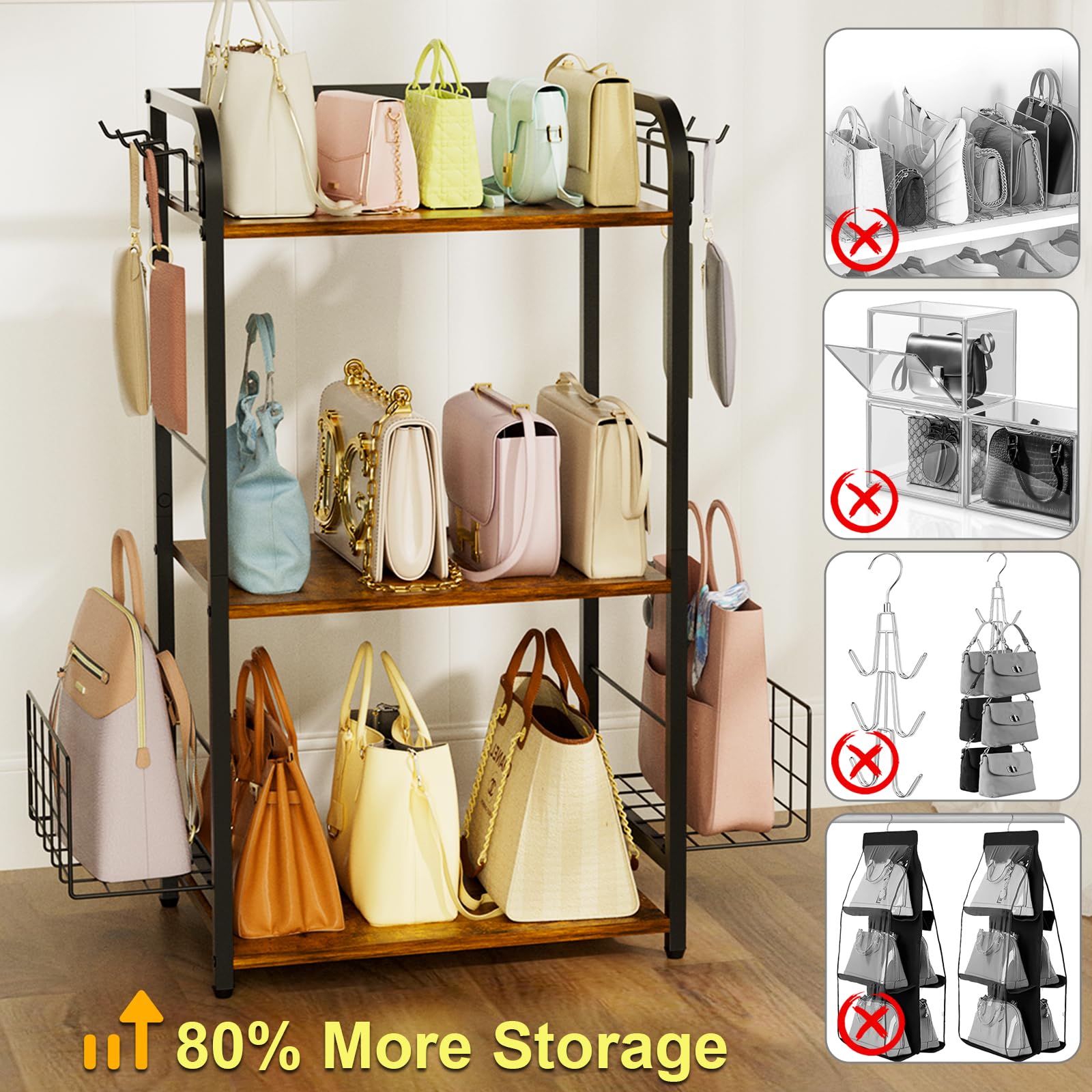 Purse Organizer with Side Hooks and Baskets for Purse Storage, Floor-Standing 3-Tier Purse Rack with Adjustable Feet, High-Capacity Bag Organizer for Closet, Iron and Wood Purse Holder, Patent Pending