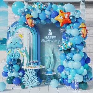 under the sea party decoration,162pcs mix sky royal blue balloon arch kit with bubbles starfish octopus jellyfish foil balloon for sea animal ocean theme birthday baby shower beach pool party supplies