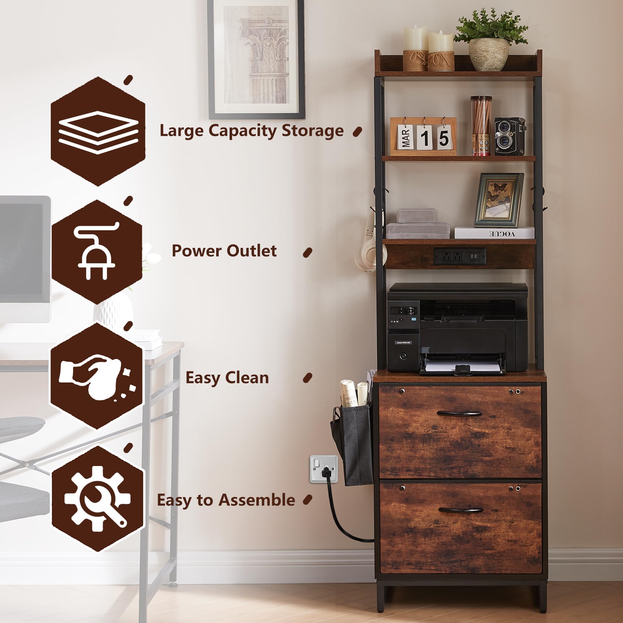 GAMTUE File Cabinet with 2 Drawers and Adjustable Hanging Folders, Office Cabinet with Storage Shelf and Power Outlet, Filing Cabinet fits Letter or A4 Size, Suitable for Home Office and Study Room