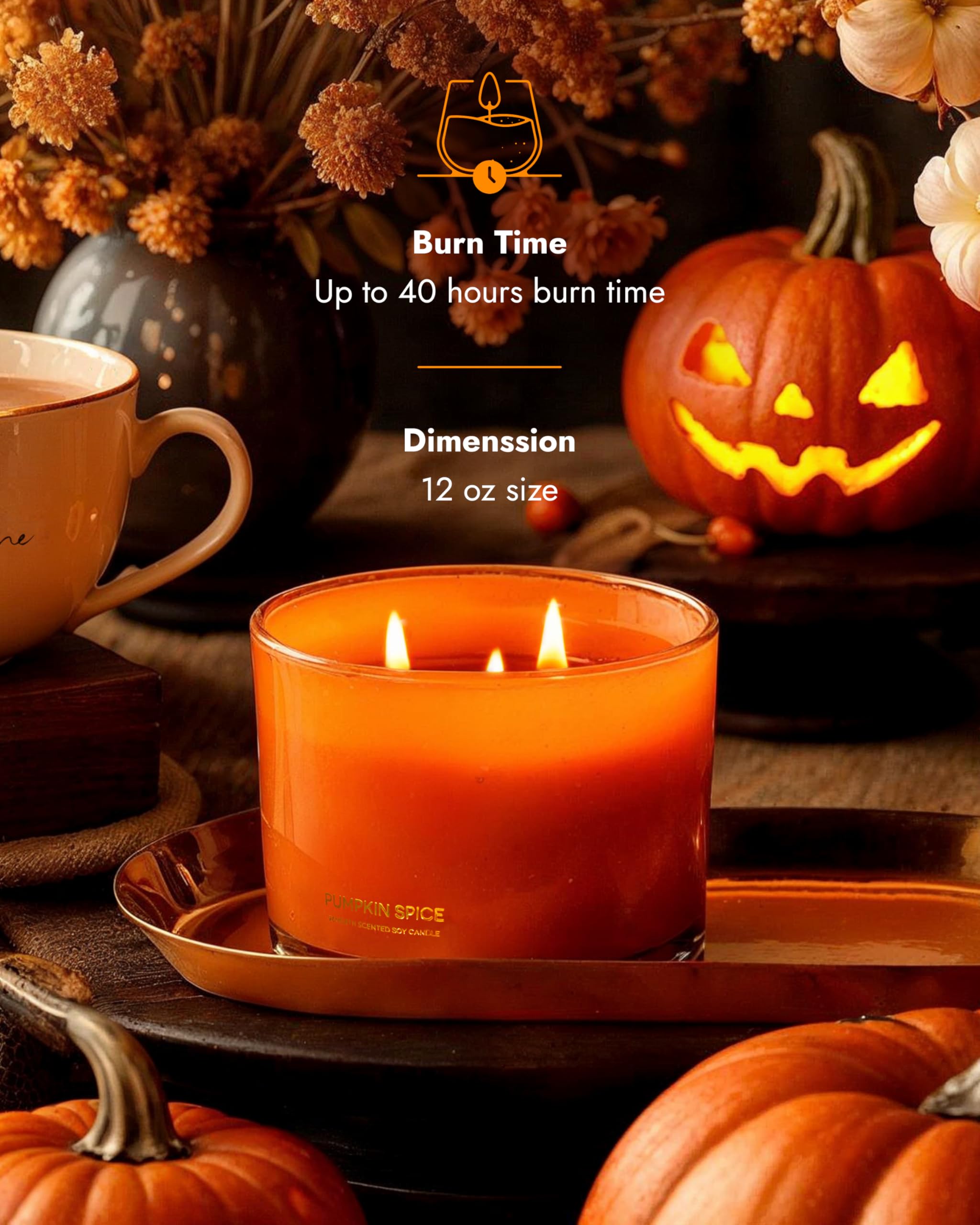 96NORTH Luxury Pumpkin Soy Candle | Large 3 Wick Jar Candle | Halloween & Fall Decor | Up to 40 Hours Burning | 100% Natural Soy Wax | Relaxing Aromatherapy Candle | Halloween Fall Candle Gift