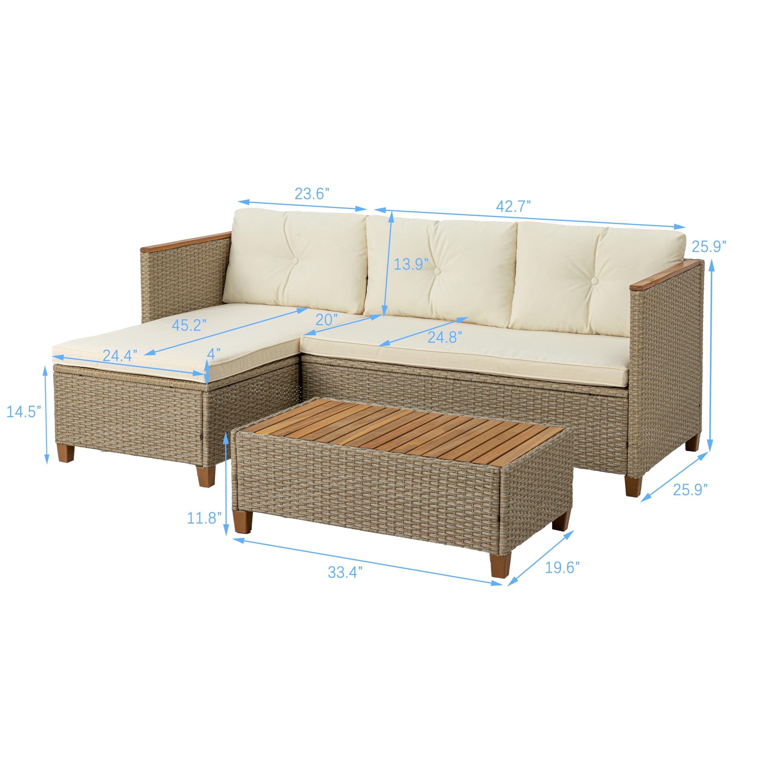 WiberWi Patio Furniture Set 3 Piece Outdoor Sectional Sofa Couch All Weather Rattan Wicker Conversation Set with Acacia Wood Coffee Table for Backyard Porch Garden Balcony, Waterproof, Beige