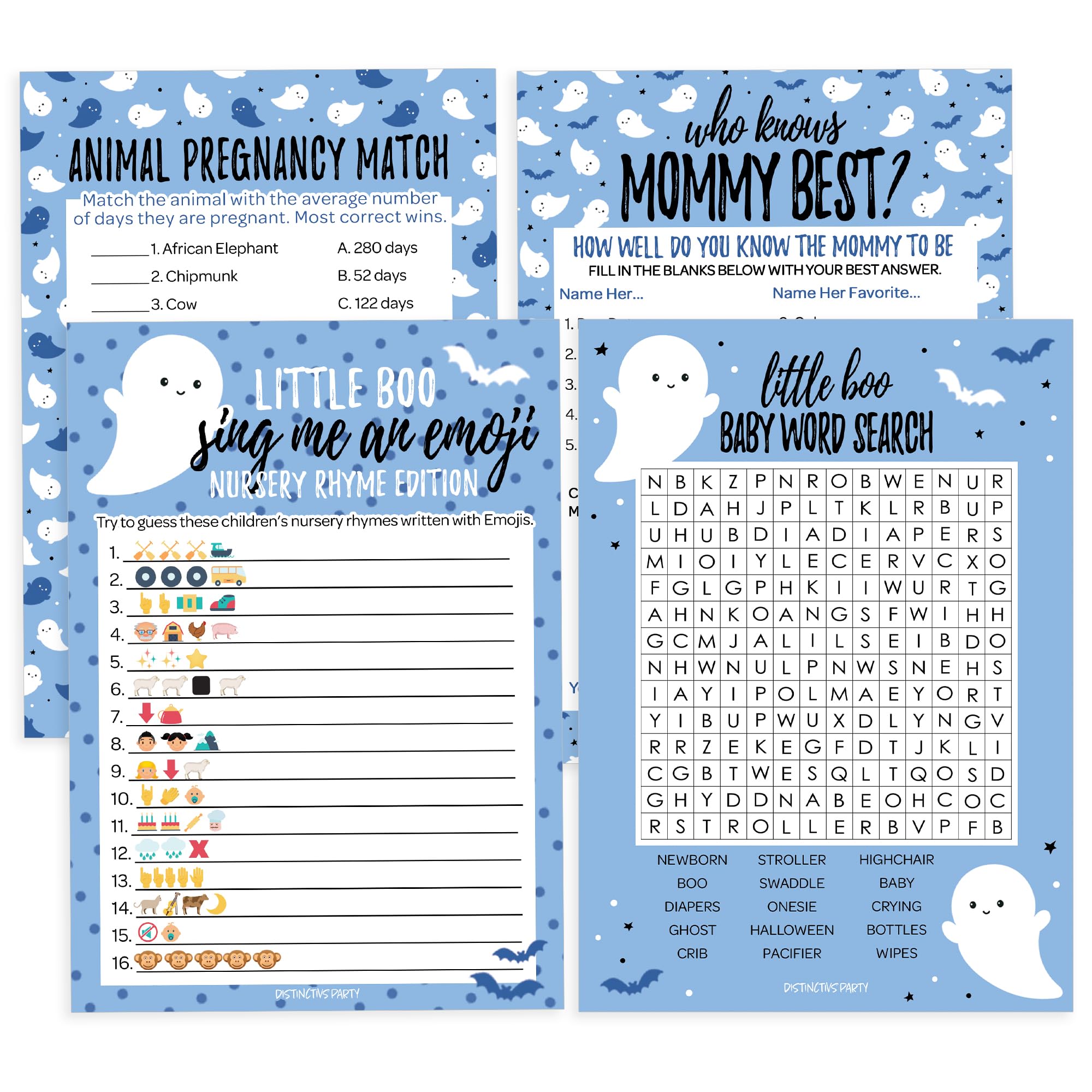 Blue A Little Boo is Almost Due Boy Baby Shower Game Pack, Emoji - Word Search - Who Know Mom Best - Pregnancy Match - 20 Guests, Halloween Baby Shower (4 Game Value Pack 2)