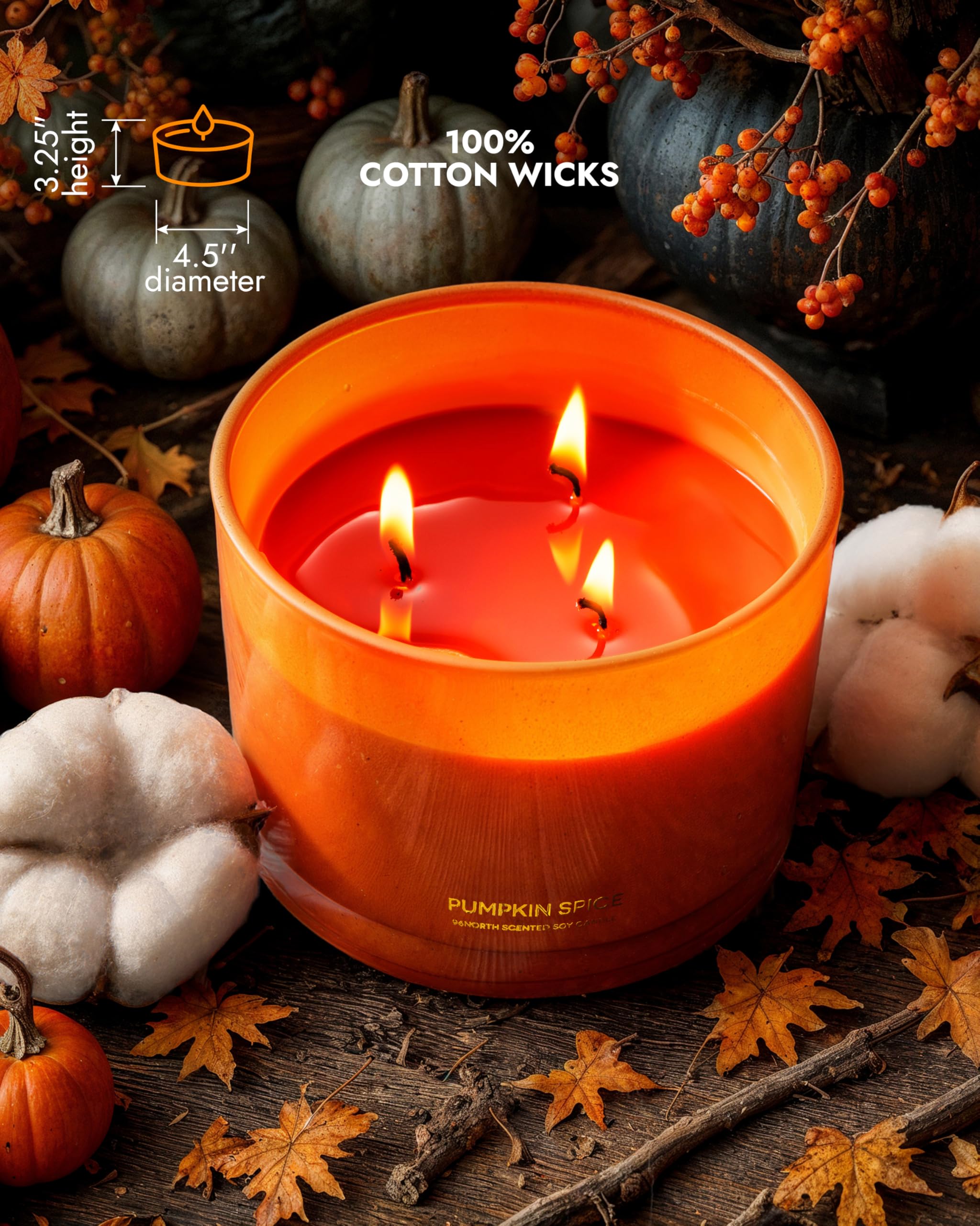 96NORTH Luxury Pumpkin Soy Candle | Large 3 Wick Jar Candle | Halloween & Fall Decor | Up to 40 Hours Burning | 100% Natural Soy Wax | Relaxing Aromatherapy Candle | Halloween Fall Candle Gift