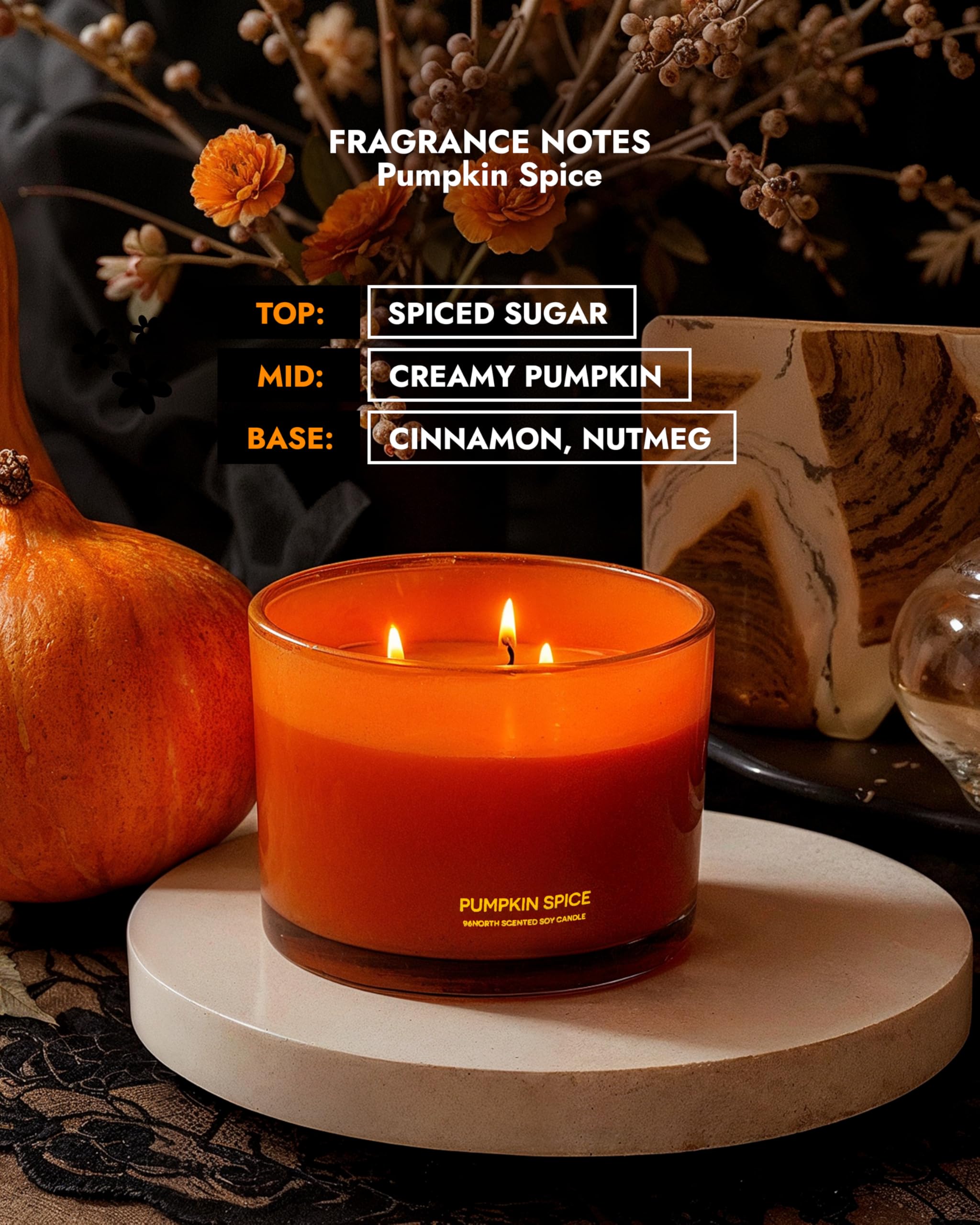 96NORTH Luxury Pumpkin Soy Candle | Large 3 Wick Jar Candle | Halloween & Fall Decor | Up to 40 Hours Burning | 100% Natural Soy Wax | Relaxing Aromatherapy Candle | Halloween Fall Candle Gift