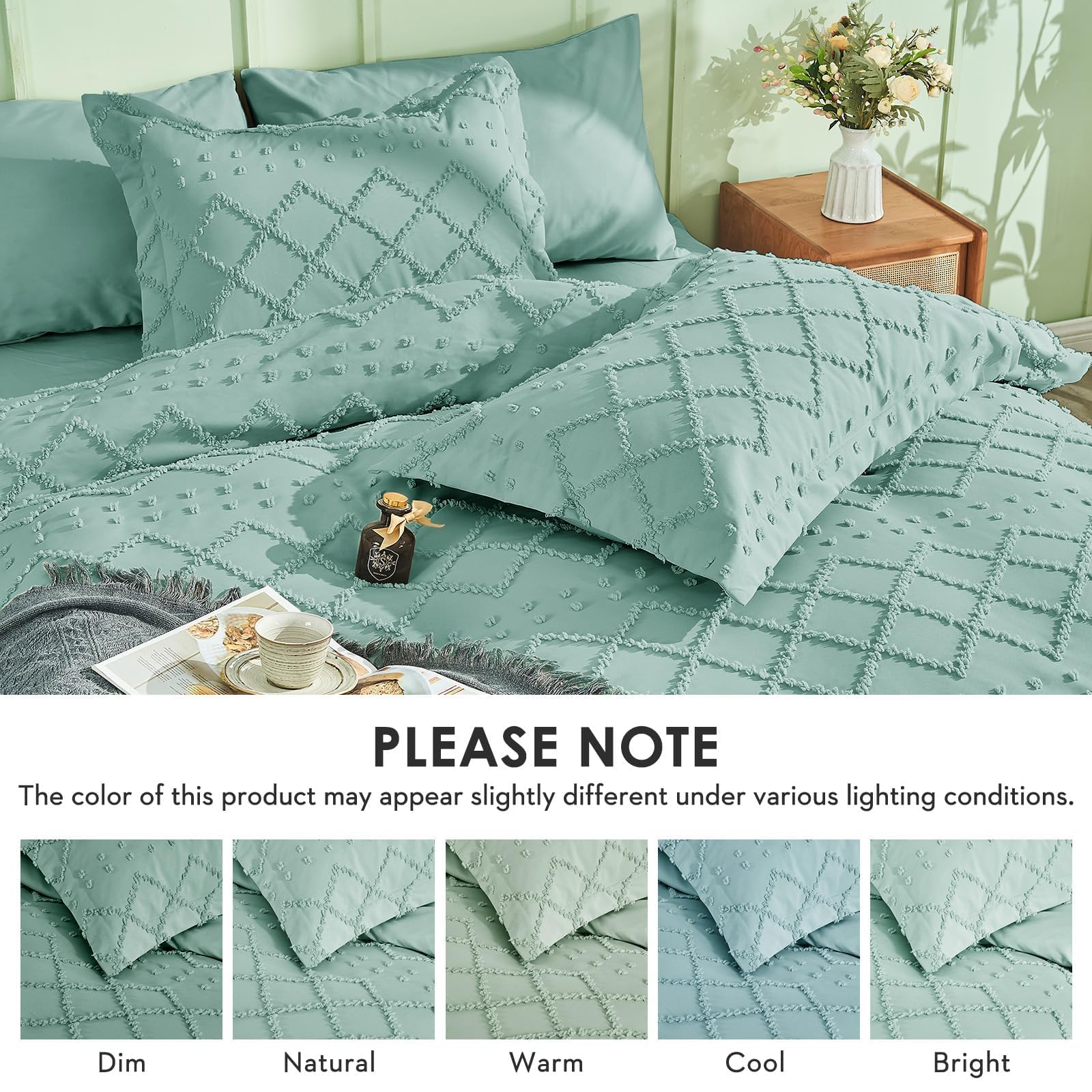 HYMOKEGE Duvet Cover Queen Size, Boho Tufted Queen Duvet Cover 3 Pieces, Soft & Lightweight Shabby Chic, Embroidery Bedding for All Seasons, 1 Duvet Cover 90" × 90" & 2 Pillow Shams, Sage Green