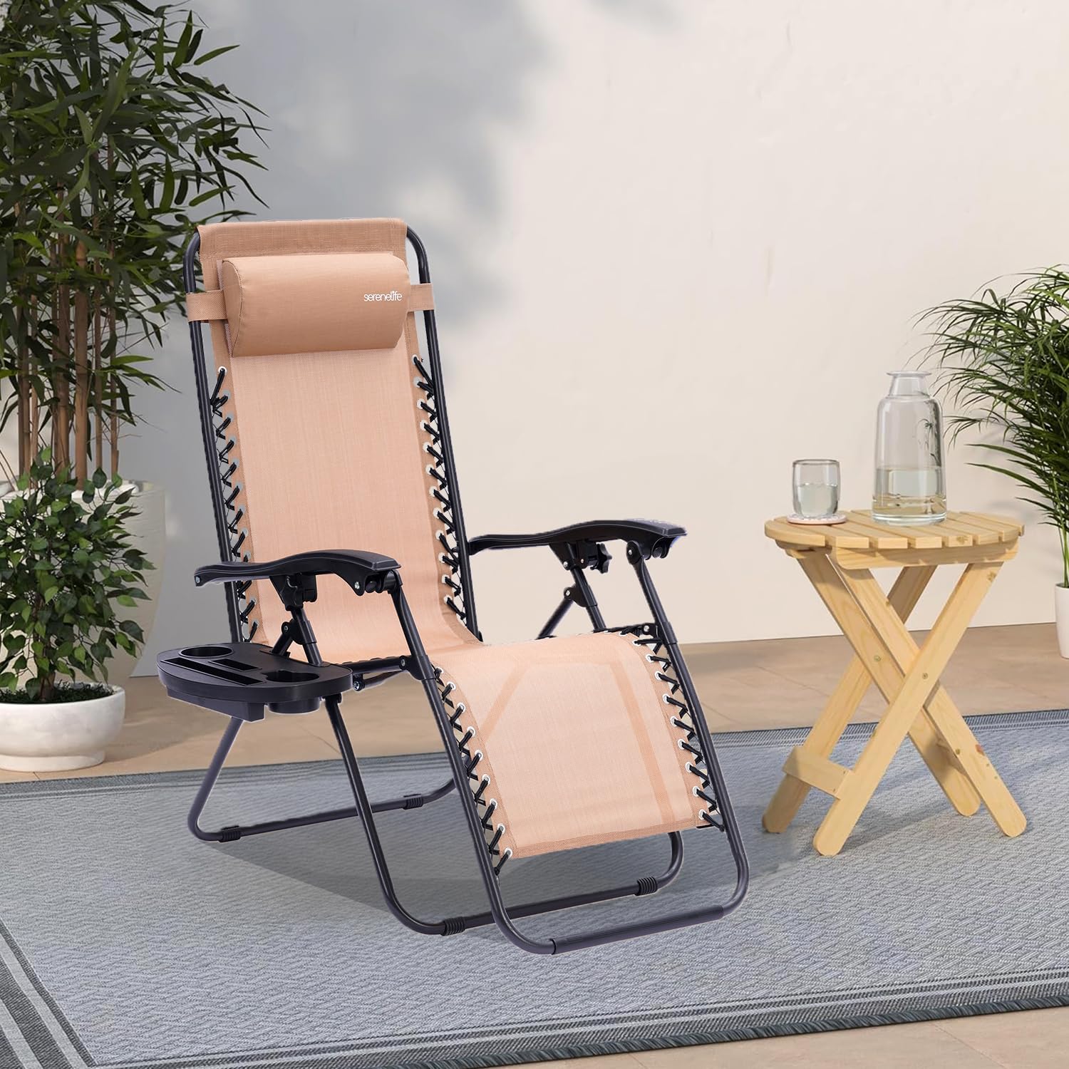 SereneLife Zero Gravity Chairs Set of 2 - Adjustable Steel Mesh Lawn Chairs - Outdoor Lounge Chairs with Detachable Cup Holder Tray - Foldable Outdoor Chair with Removable Pillows - Ivory