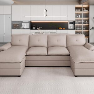 JAMFLY Sectional Couches for Living Room, U-Shaped Couch 4 Seat Sofas with Double Chaises, Modular Sectional Sofa Set for Apartment Furniture for Apartment, Dark Beige