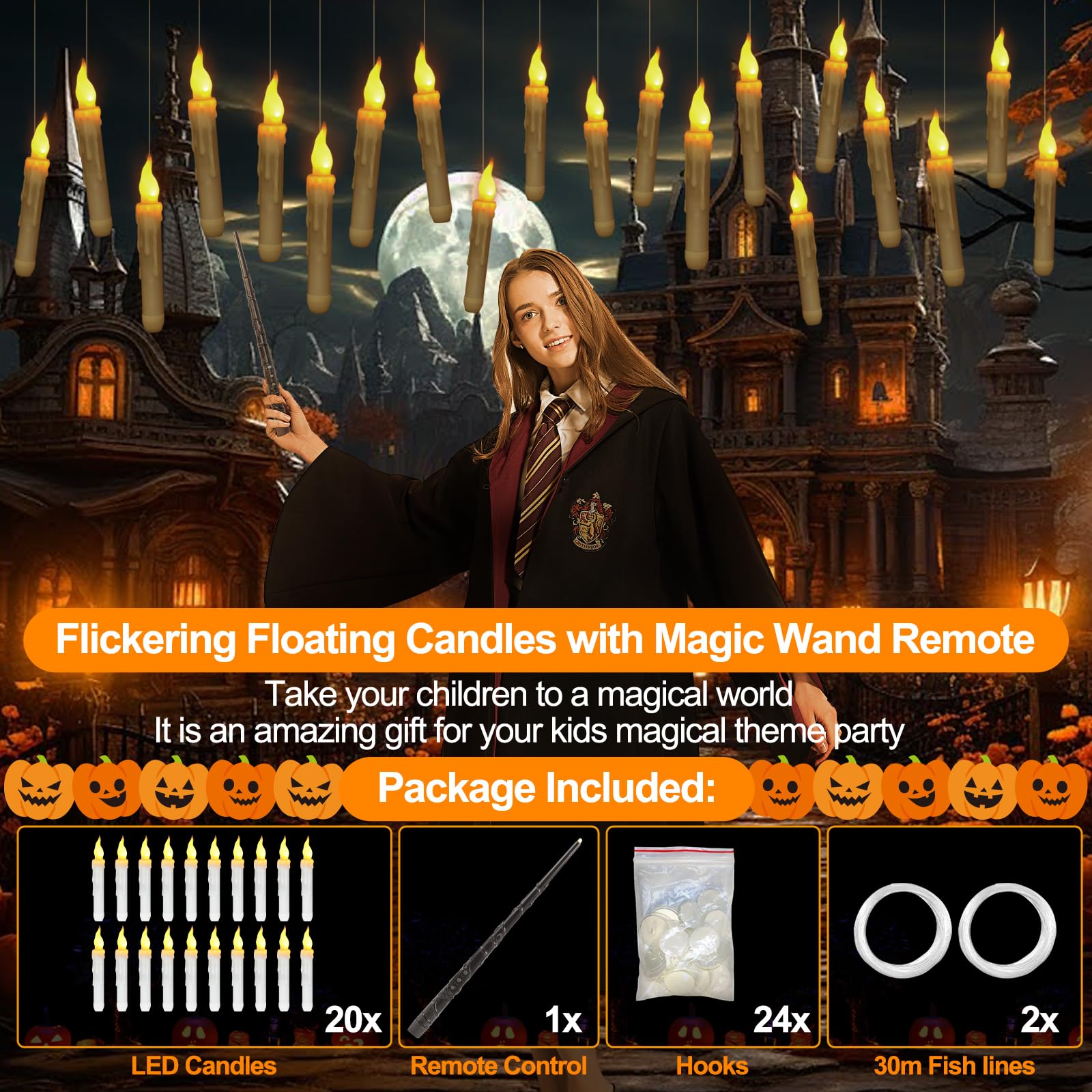 20 Pack Christmas Floating Candles with Wand Timer Remote Control,Floating Candles for centerpieces,LED Flickering Light Flameless Candles Hanging For Harry Potter Party Witch Decor Christmas Gifts