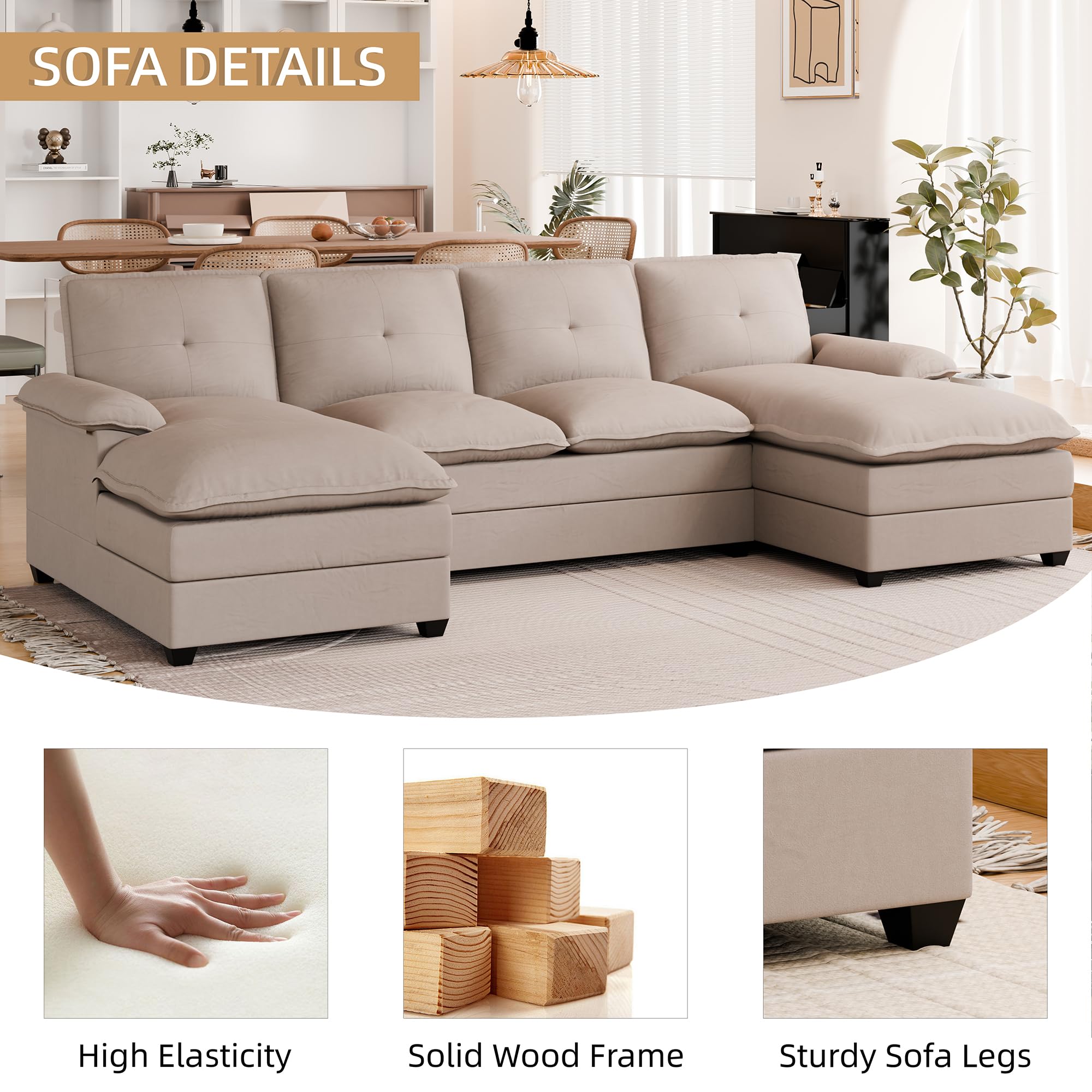 JAMFLY Sectional Couches for Living Room, U-Shaped Couch 4 Seat Sofas with Double Chaises, Modular Sectional Sofa Set for Apartment Furniture for Apartment, Dark Beige