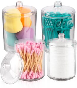 milano home qtip holder pack of 4, vanity makeup organizer storage, clear plastic apothecary jars with lids, organizer storage for cotton swabs, cotton balls, makeup sponges, cotton canister 12/10 oz