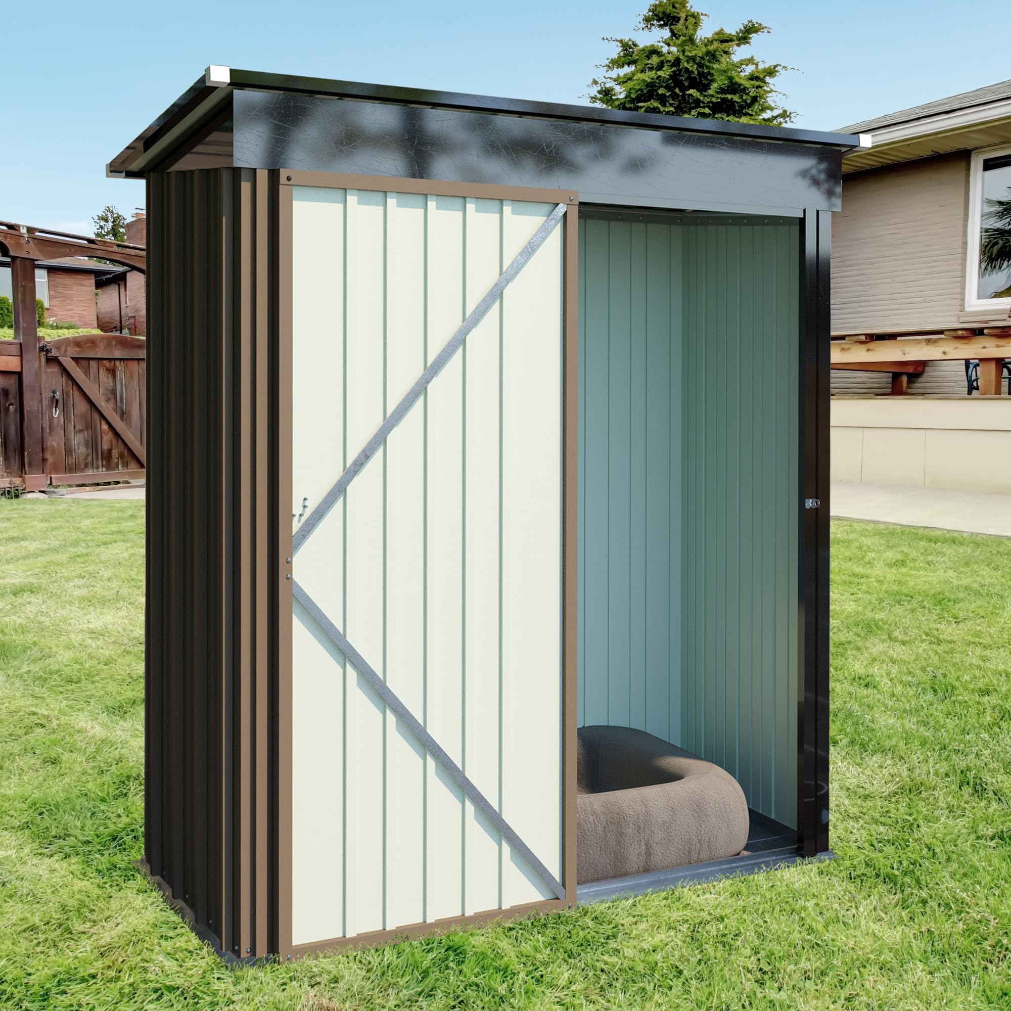 5X3 FT Outdoor Storage Shed, Waterproof Metal Garden Sheds with Lockable Door, Steel Tool Storage Buildings Shed & Outdoor Storage House for Garden, Backyard, Patio, Lawn, Trash Cans(Brown)