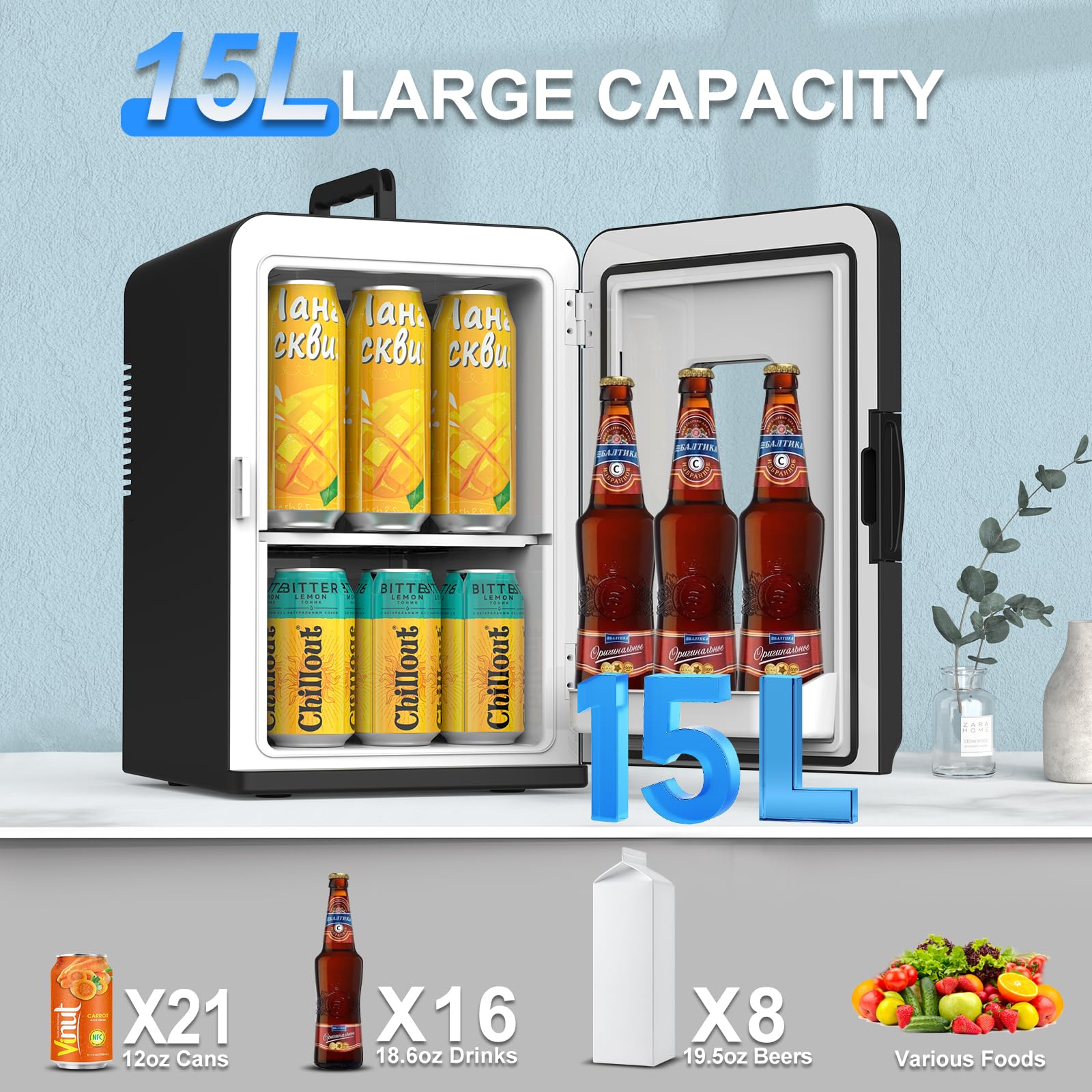 15 Liter Mini Fridge for Bedroom, Portable 110V AC/12V DC Power Small Mini Refrigerator for Office, Home, Car, Thermoelectric Electric Cooler and Warmer Tiny Fridge for Skincare, Food, Drinks