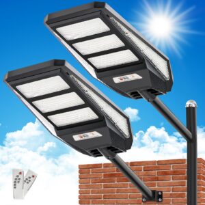 zbluxbz 2 pack solar street lights outdoor, 6500k led parking lot light with dusk to dawn, motion sensor, remote control - illuminate paths with energy