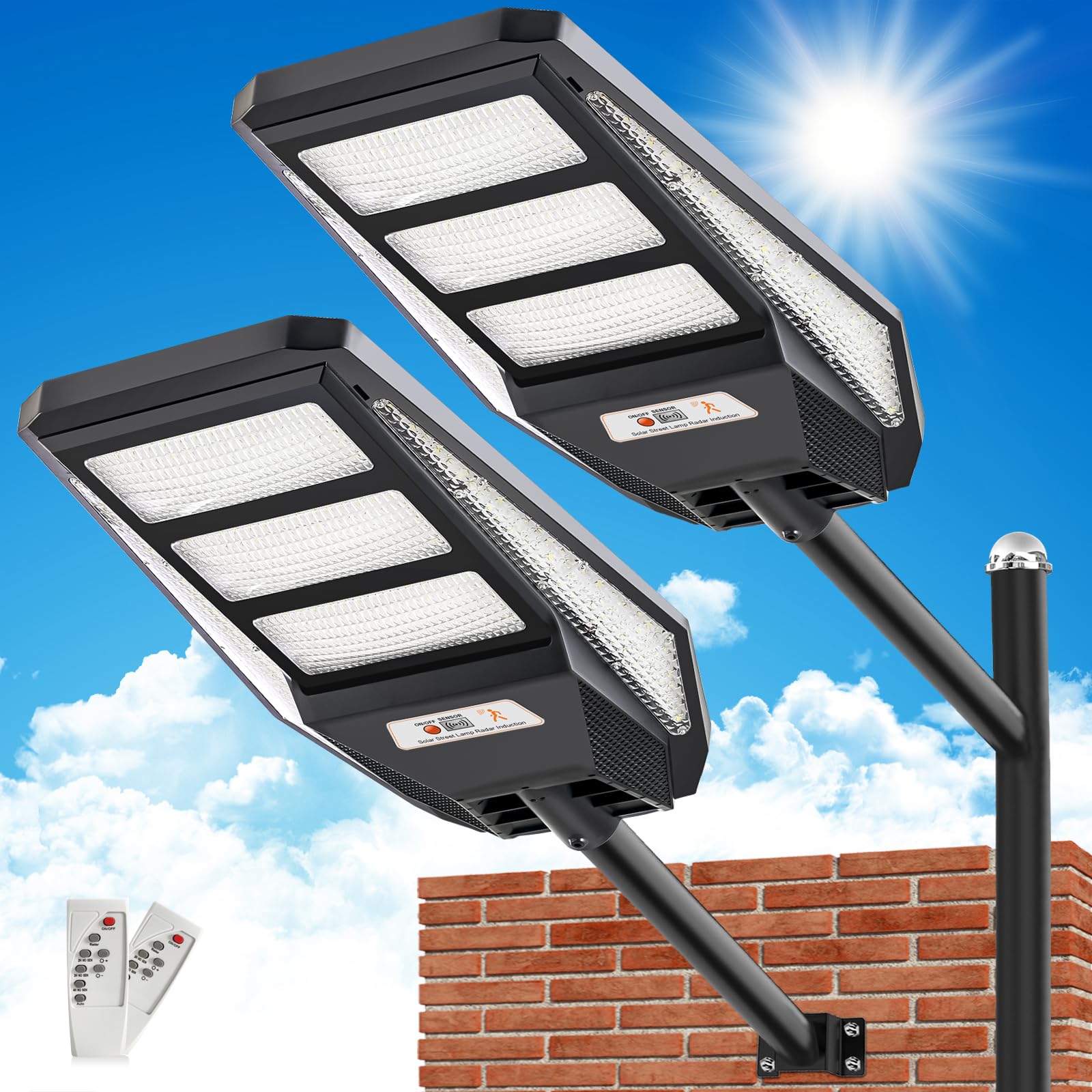 ZBLUXBZ 2 Pack Solar Street Lights Outdoor, 6500K LED Parking Lot Light with Dusk to Dawn, Motion Sensor, Remote Control - Illuminate Paths with Energy