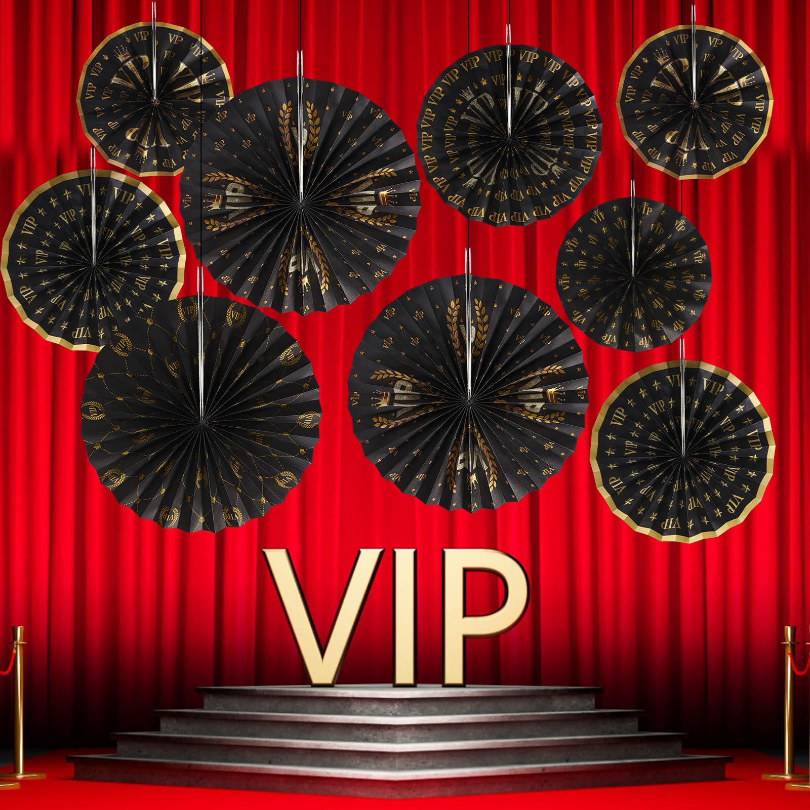 Outus 9 Pcs VIP Party Decorations Movie Night Hanging Paper Fans Movie Theater Decor Movie Themed Party Favors Roaring 20s Party Decor for Ceiling Classroom Red Carpet 1920s Wall Party Supplies