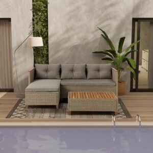 WiberWi Patio Furniture Set 3 Piece Outdoor Sectional Sofa Couch All Weather Rattan Wicker Conversation Set with Acacia Wood Coffee Table for Backyard Porch Garden Balcony, Waterproof, Grey