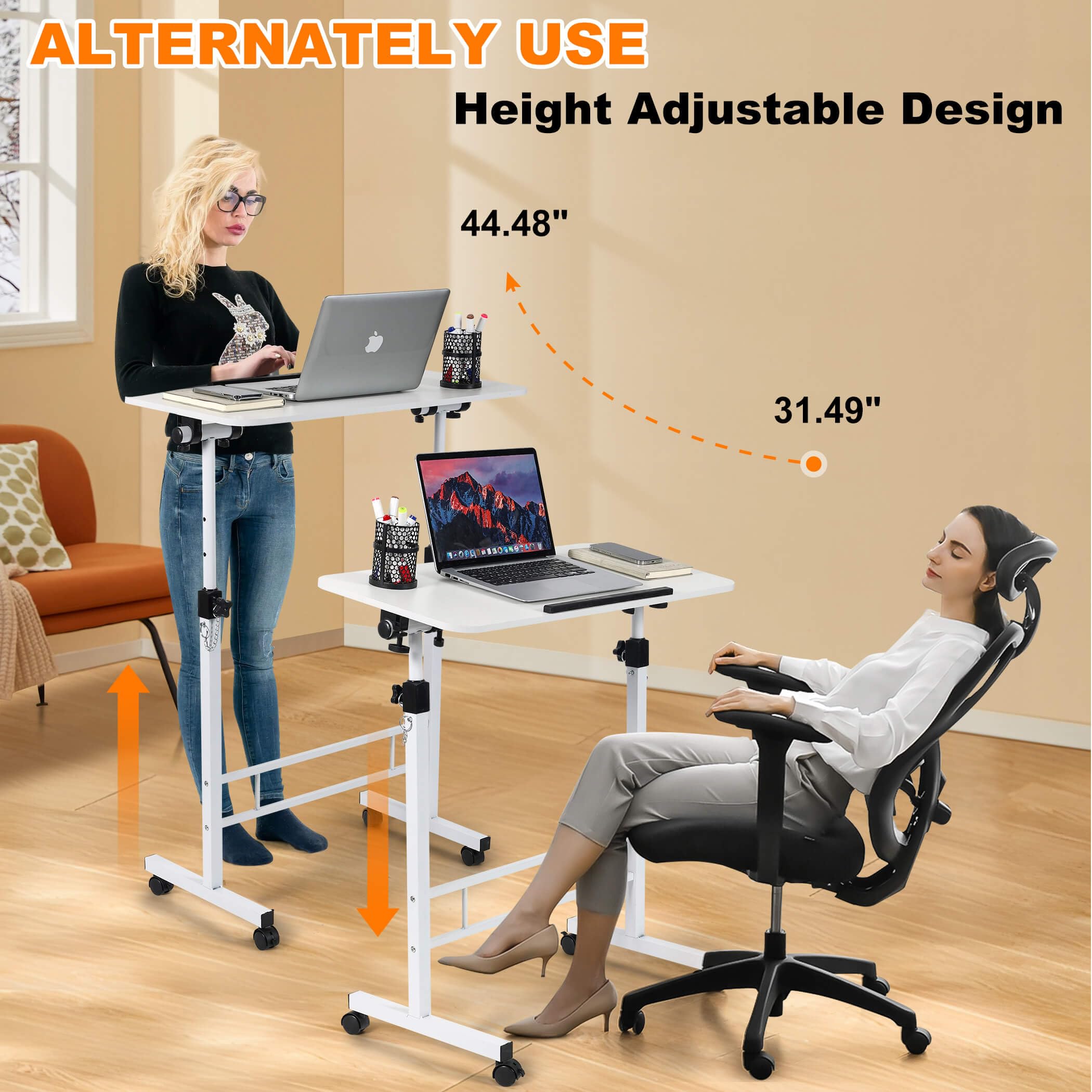 Small Standing Desk Adjustable Height,Rolling Computer Desk,Mobile Standing Desk with Wheels,Portable Stand Up Desk,Tall Computer Table,Adjustable Desktop Sit Stand Desk,Size 31.5x15.7 Inch White