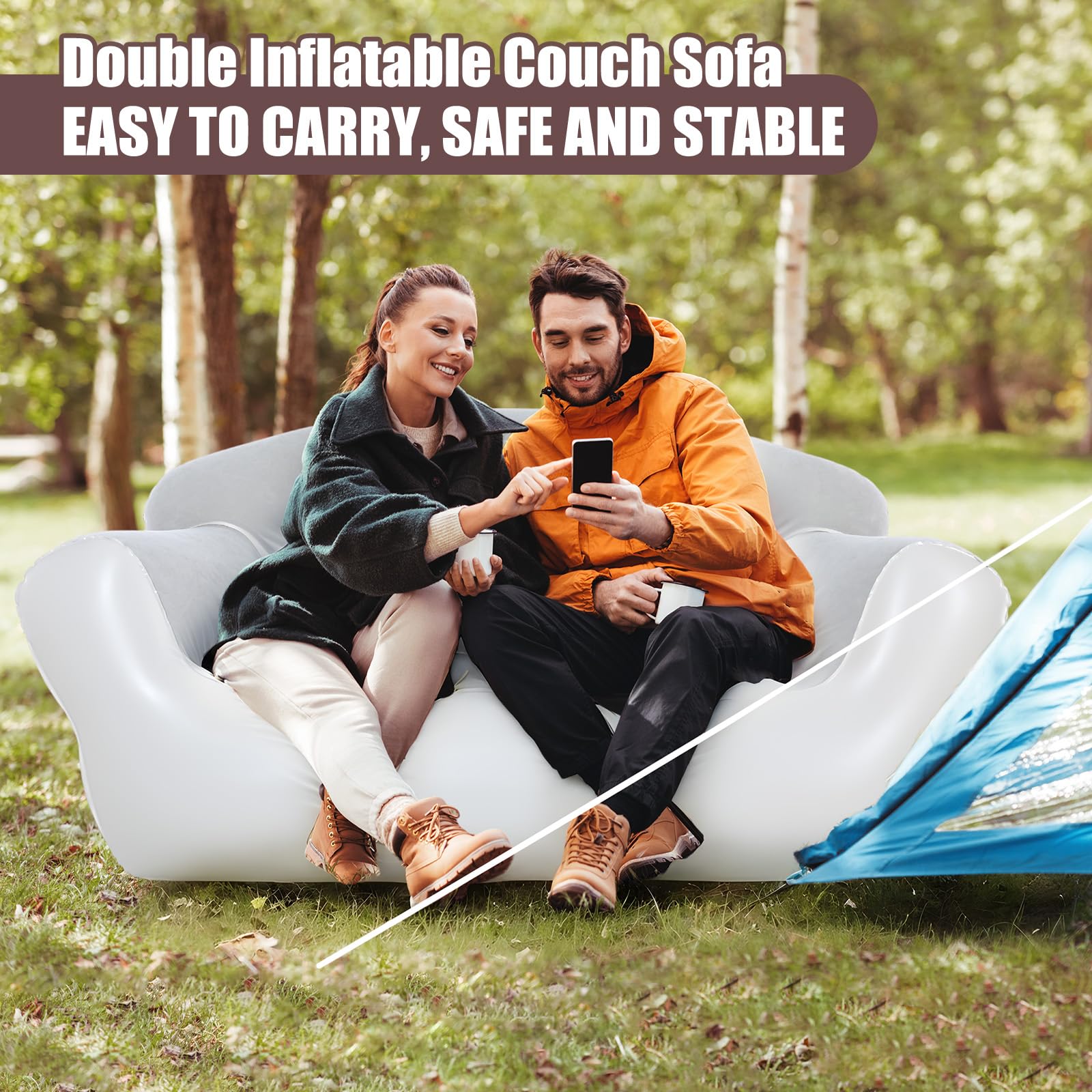 1 Piece Double Inflatable Camping Couch Outdoor Portable Blow up Movie Sofa Folding Lounge Chair Air Mattress for Adults Patio Beach Picnic Living Room Outside Indoor Furniture Without Pump