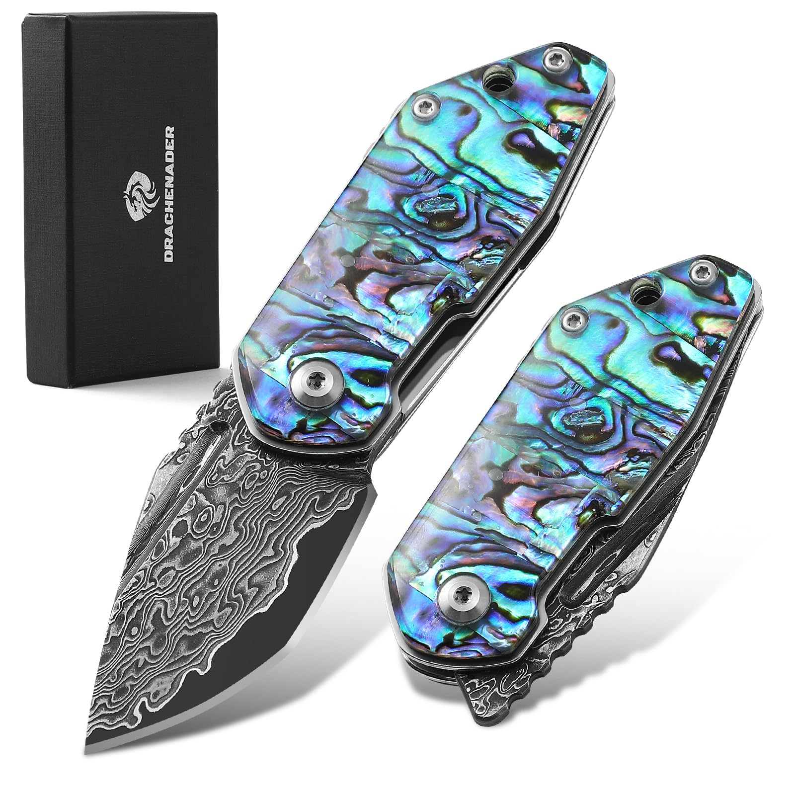 DRACHENADER Small Damascus Pocket Knife for Women and Men Abalone Knife Japanese Keychain Mini Pocket Knife Folding VG10 67 Layers Damascus Steel, birthday Gift Box Included