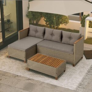 WiberWi Patio Furniture Set 3 Piece Outdoor Sectional Sofa Couch All Weather Rattan Wicker Conversation Set with Acacia Wood Coffee Table for Backyard Porch Garden Balcony, Waterproof, Grey