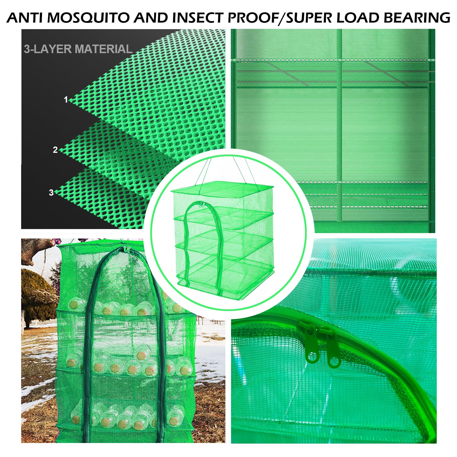 WEISGJA Hanging Drying Rack 4 Layers Foldable Nylon Netting, Folding Fish Mesh, Drying Fish Net for Shrimp Fish Fruit Vegetables Herb, with Zipper Opening, Green (22.4X15.7X25.5 in/Large)