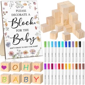 qilery 75 pcs baby shower games sign kit including wildflower game sign wooden table sign 50 diy blank wooden block 24 acrylic paint marker baby shower prize for winners gender reveal