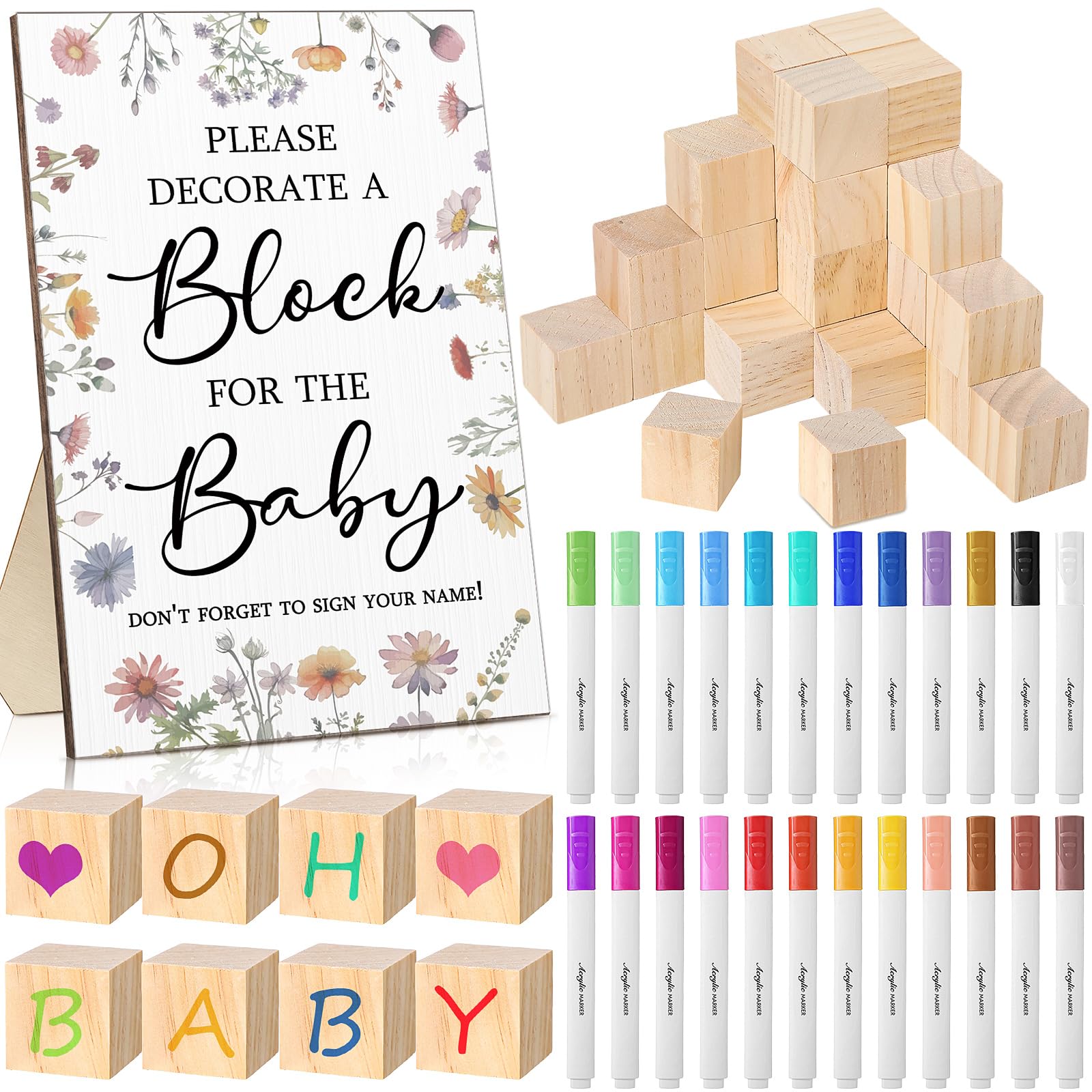 Qilery 75 Pcs Baby Shower Games Sign Kit Including Wildflower Game Sign Wooden Table Sign 50 DIY Blank Wooden Block 24 Acrylic Paint Marker Baby Shower Prize for Winners Gender Reveal